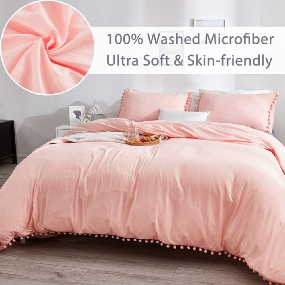 UO 3 Pieces Queen Peach Pom Pom Fringe Duvet Cover - Picture 3 of 8